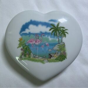 Vintage Papel Japan Flamingo Fantasy Ceramic Heart Trinket Box Collectible Gift